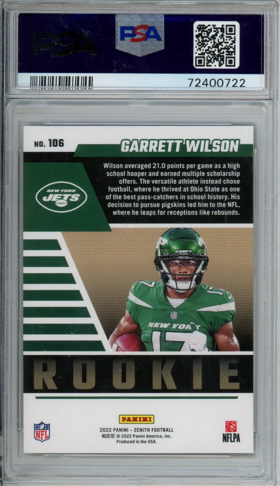 2022 Panini Zenith Garrett Wilson Rookie Artist Proof Emerald /5 Jets PSA 10