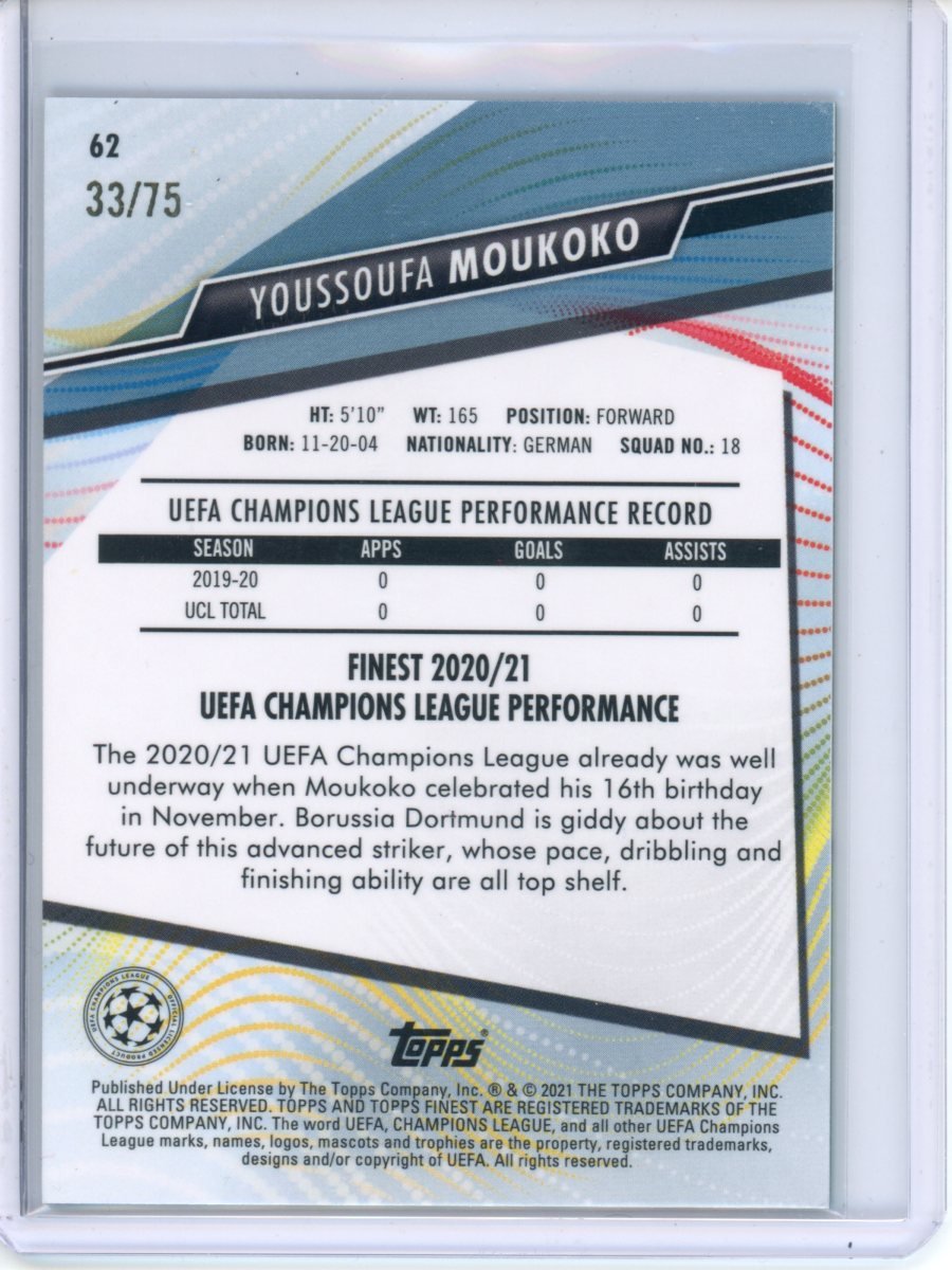 2021 Topps Finest Youssoufa Moukoko Rookie Aqua /75 Borussia Dortmund