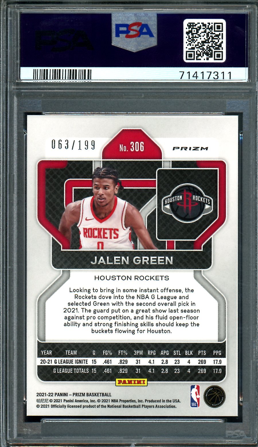 2021/22 Panini Prizm Jalen Green Rookie Blue Prizm /199 PSA 10 Rockets