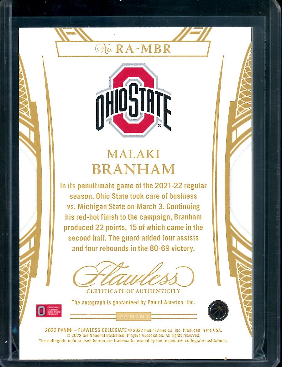 2022/23 Panini Flawless Collegiate Malaki Branham RC Auto Gold /10 Ohio State