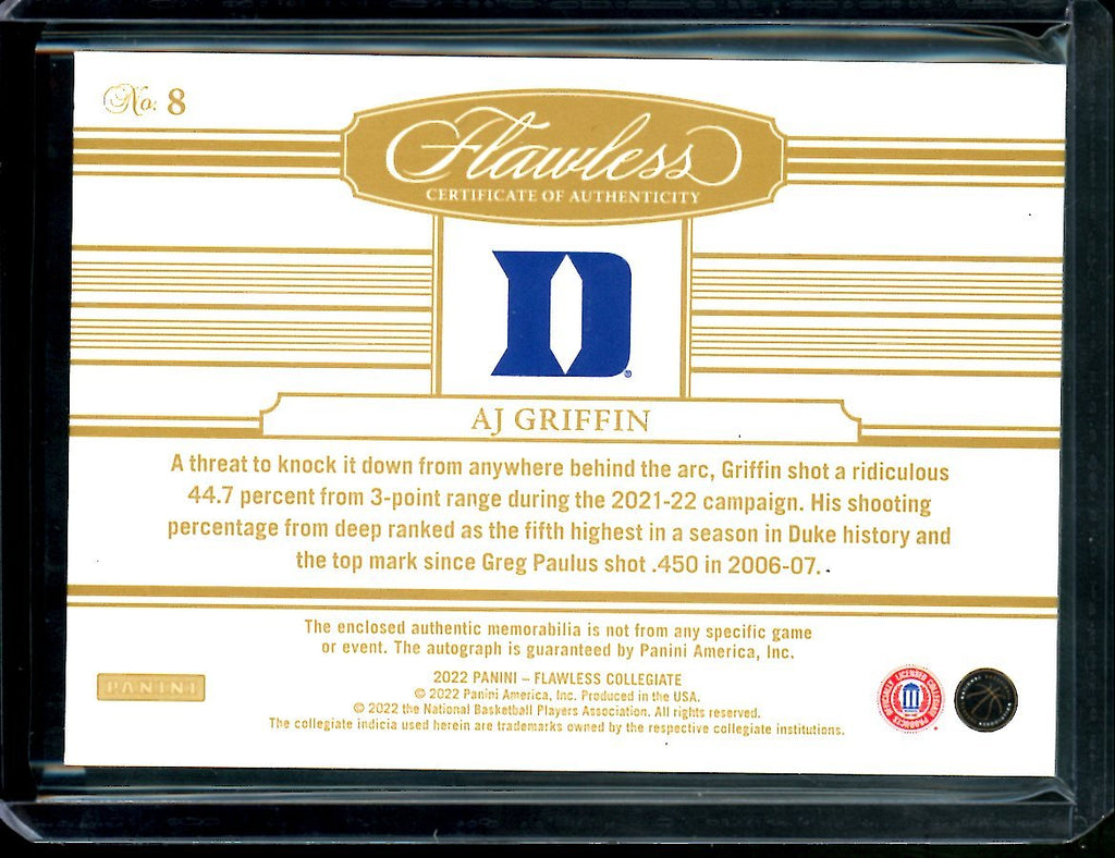 2022/23 Panini Flawless Collegiate AJ Griffin Rookie RPA /25 Duke