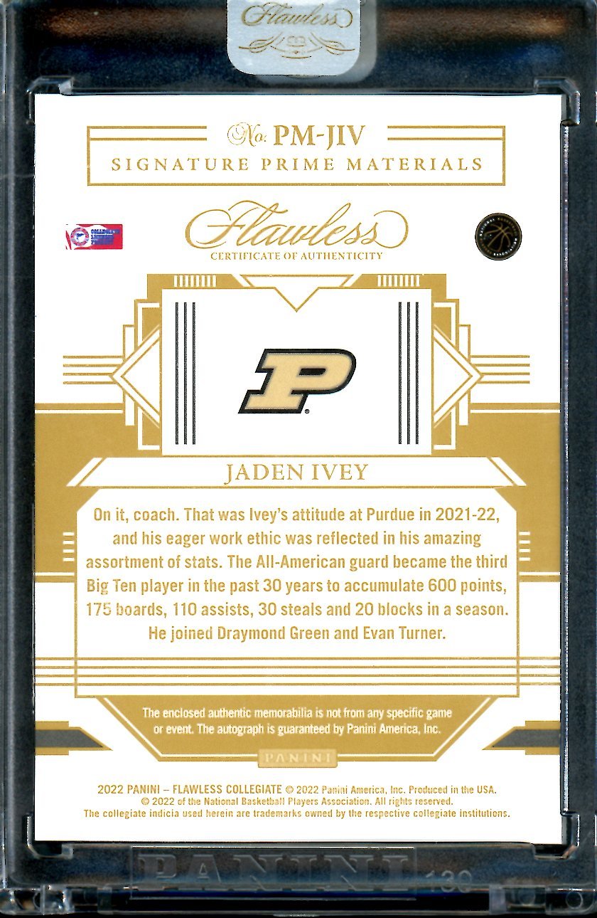 2022/23 Panini Flawless Collegiate Jaden Ivey RPA Gold /10 Purdue Pistons