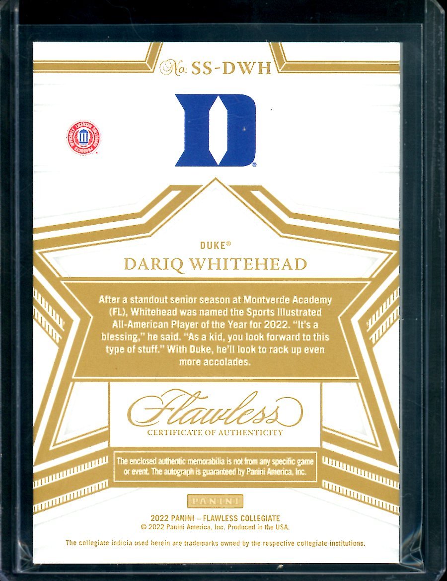 2022/23 Panini Flawless Collegiate Dariq Whitehead RPA /25 Duke
