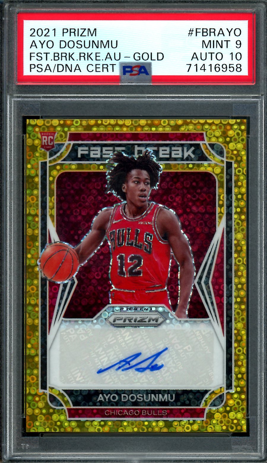 2021/22 Panini Prizm Ayo Dosunmu Rookie Fast Break Auto Gold /10 PSA 9/10