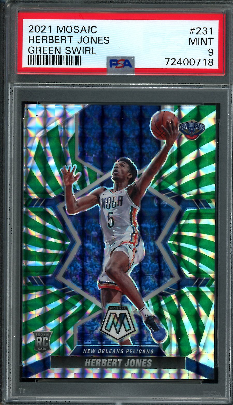 2021/22 Panini Mosaic Herbert Jones Rookie Green Swirl /10 Pelicans PSA 9