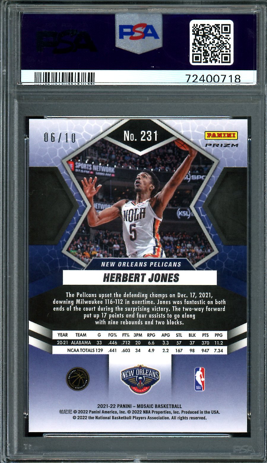 2021/22 Panini Mosaic Herbert Jones Rookie Green Swirl /10 Pelicans PSA 9