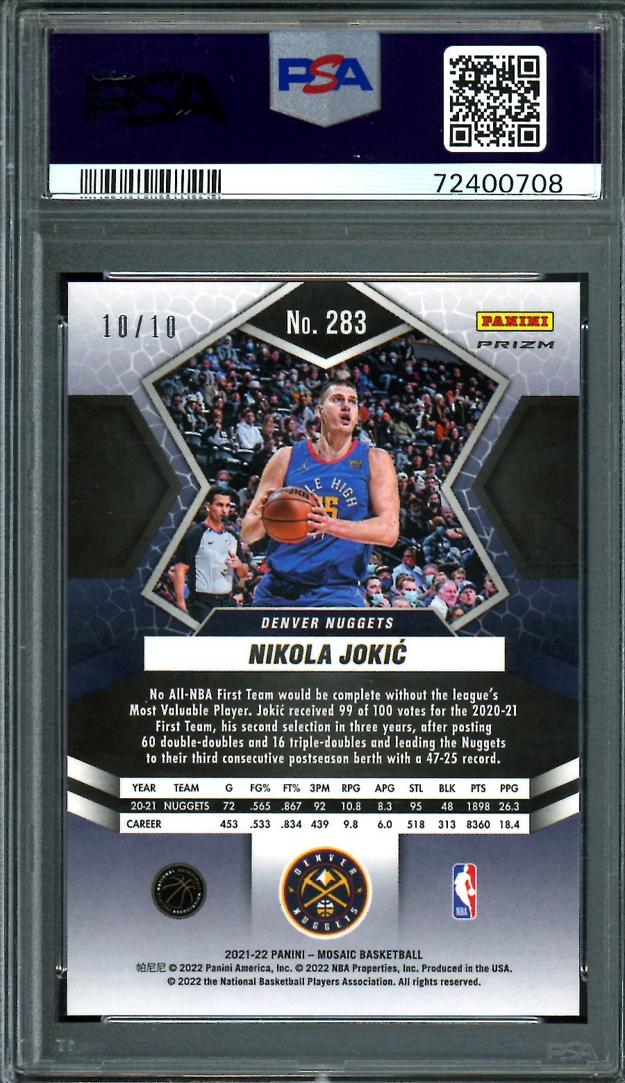 2021/22 Panini Mosaic Nikola Jokic Green Swirl /10 Nuggets PSA 8