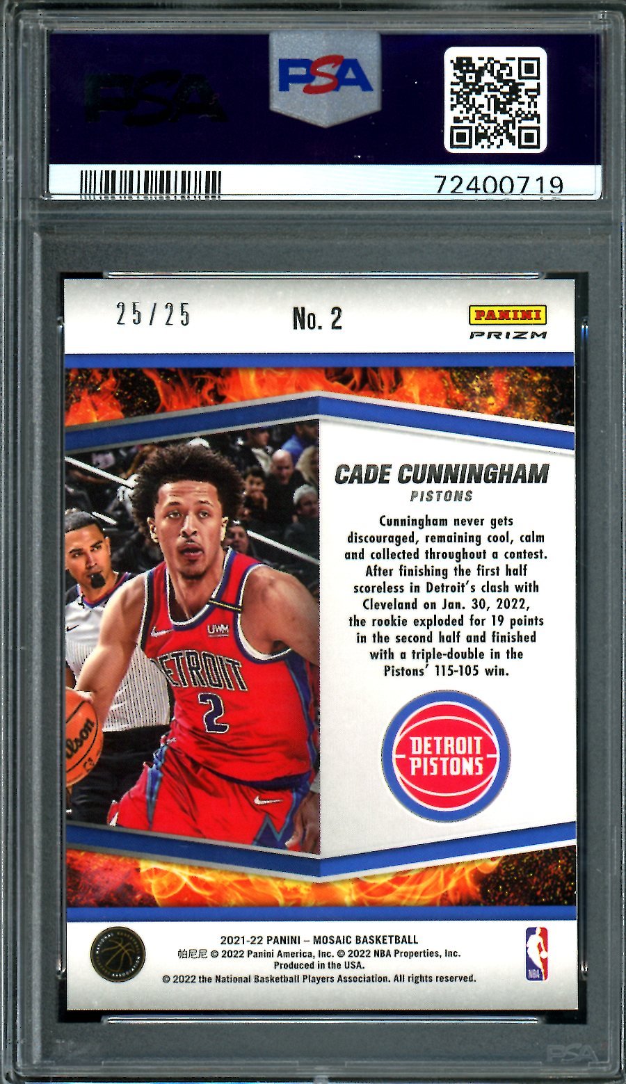 2021/22 Panini Mosaic Cade Cunningham Rookie Rising Stars White /25 PSA 9