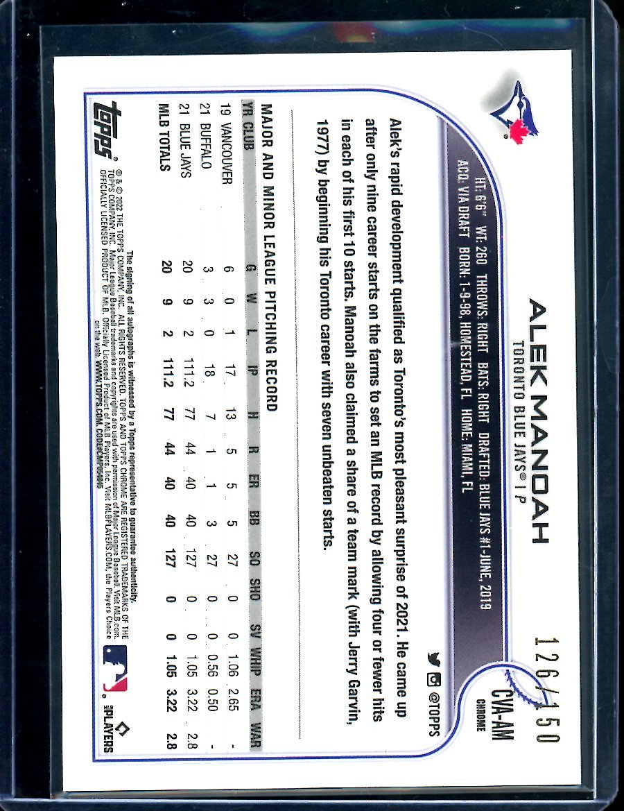 2022 Topps Chrome Alek Manoah Blue Wave Auto /150 Blue Jays