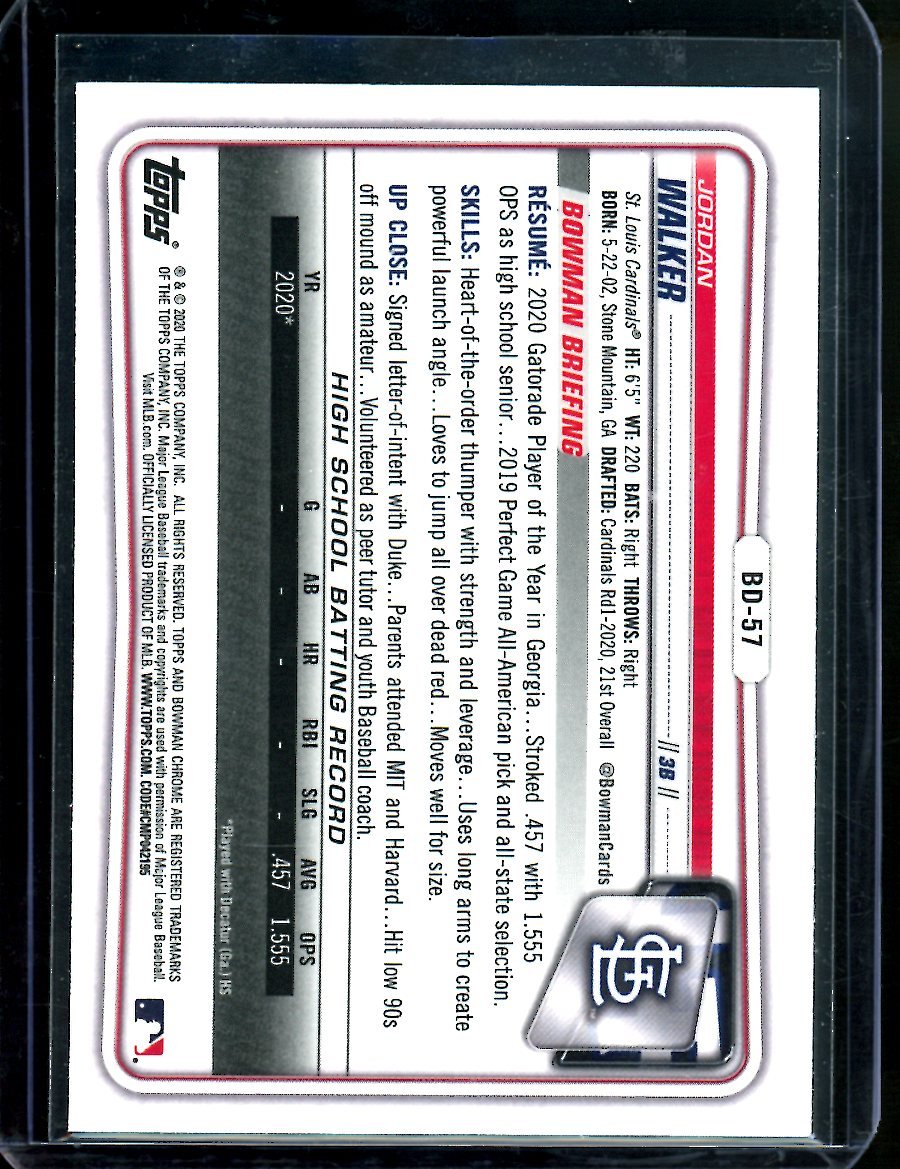 2020 Bowman Chrome Jordan Walker 1st Bowman Cardinals