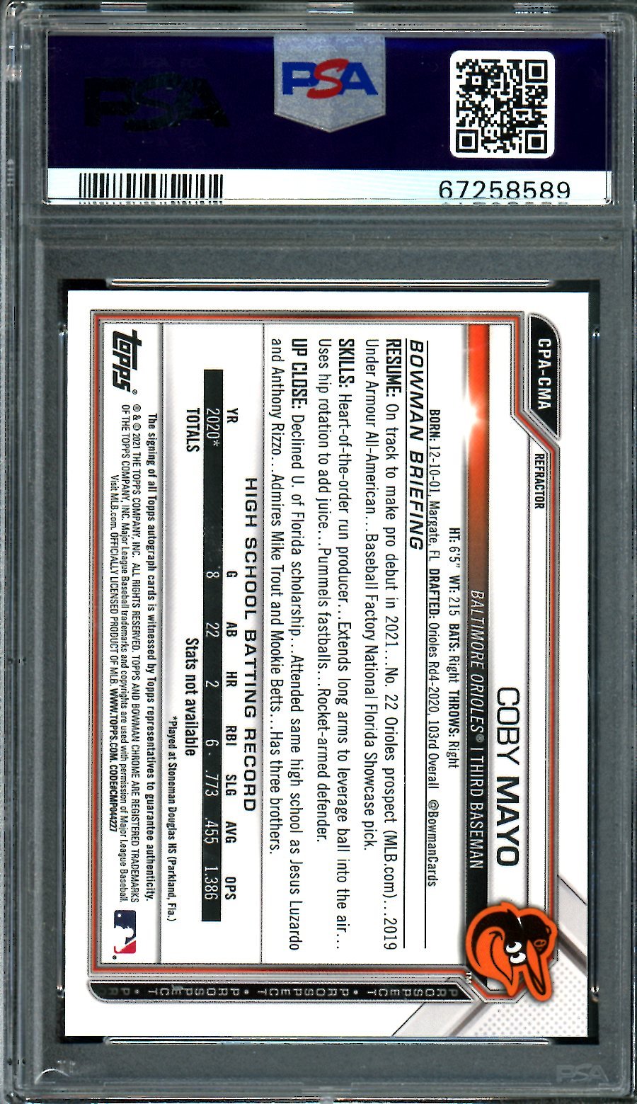 2021 Bowman Coby Mayo 1st Bowman Refractor Auto /499 PSA 9 Orioles