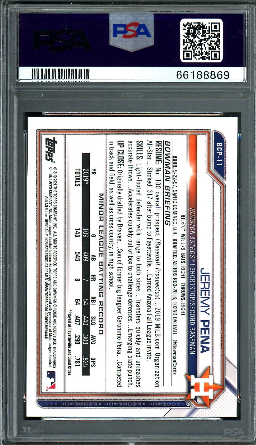 2021 Bowman Jeremy Pena Yellow Refractor /75 PSA 10 Astros