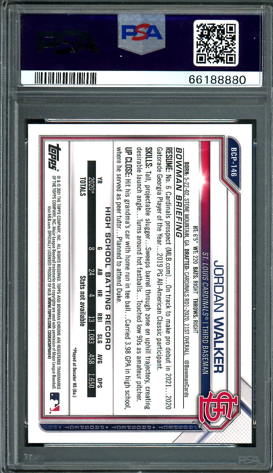 2021 Bowman Jordan Walker Yellow Refractor /75 PSA 10 Cardinals