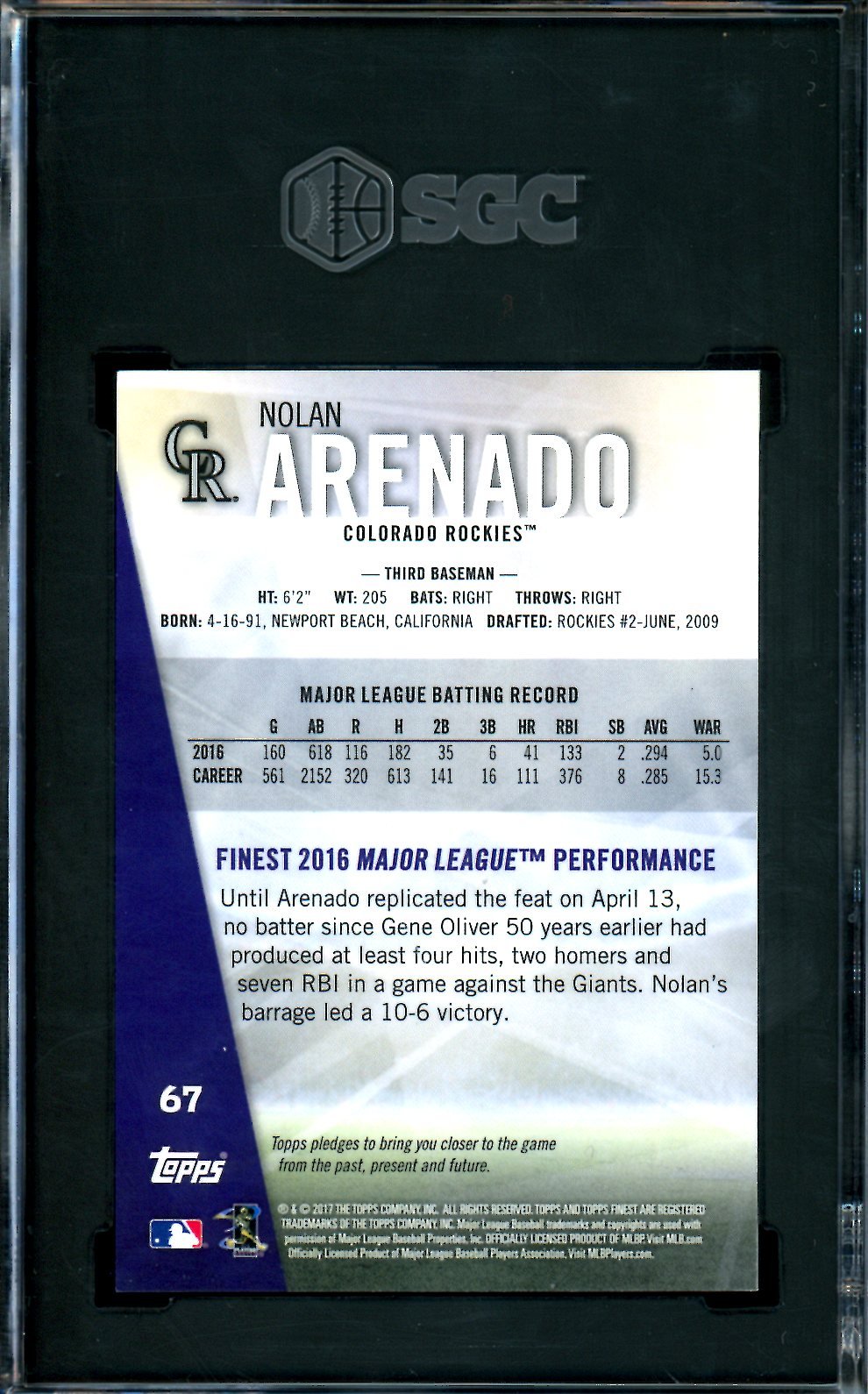 2017 Topps Finest Nolan Arenado Gold Refractor /50 SGC 10 Cardinals