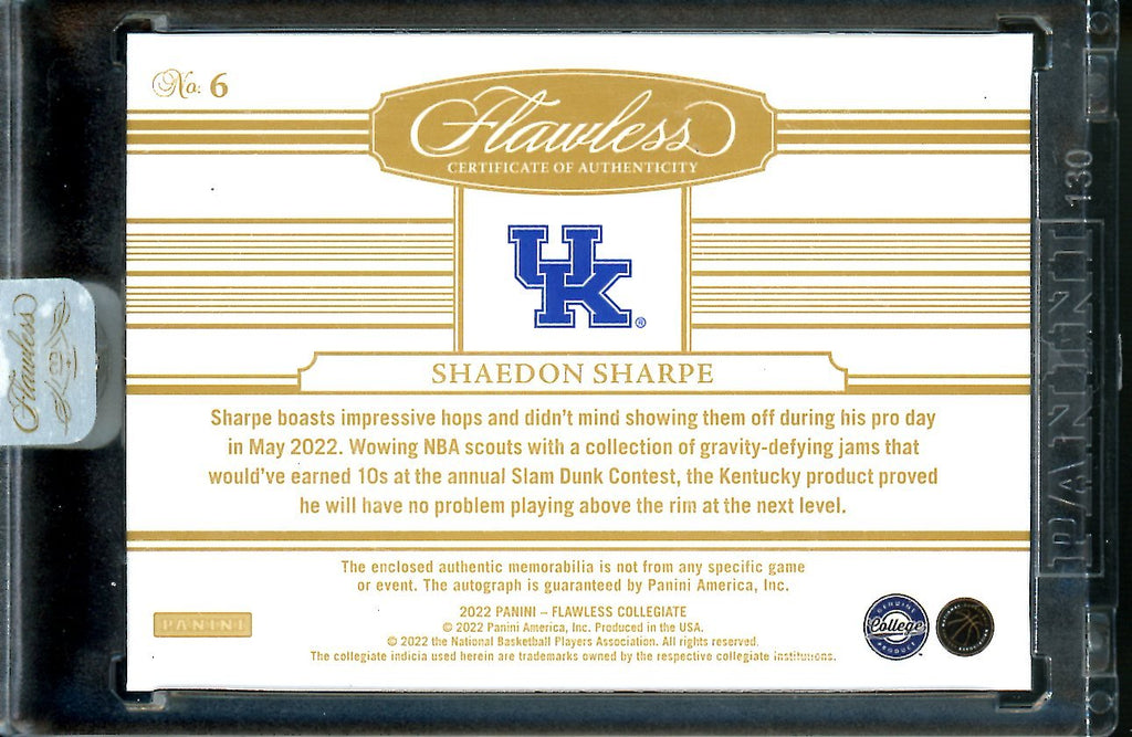 2022/23 Panini Flawless Collegitae Shaedon Sharpe Rookie RPA /25 Trailblazers