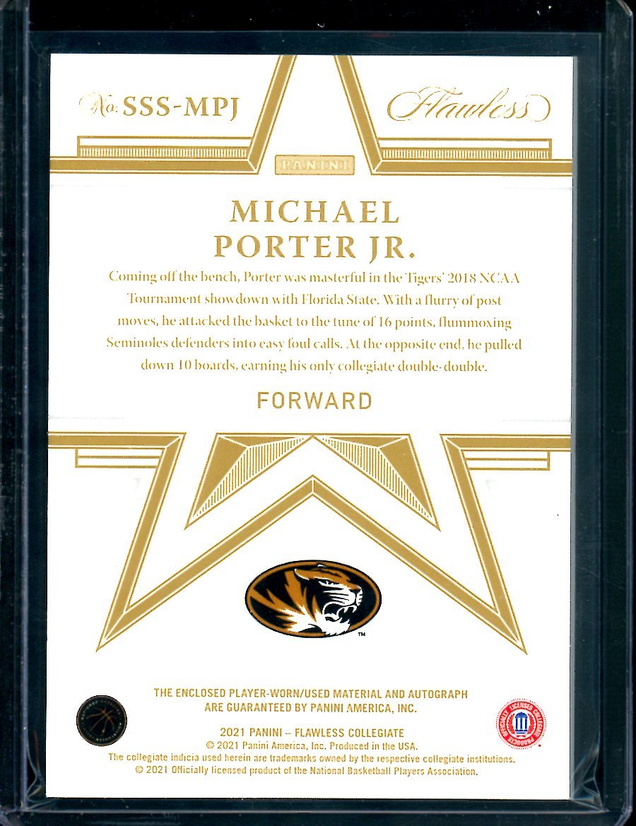 2021/22 Panini Flawless Collegitae Michael Porter Jr. Patch Auto Gold /10 Nuggets