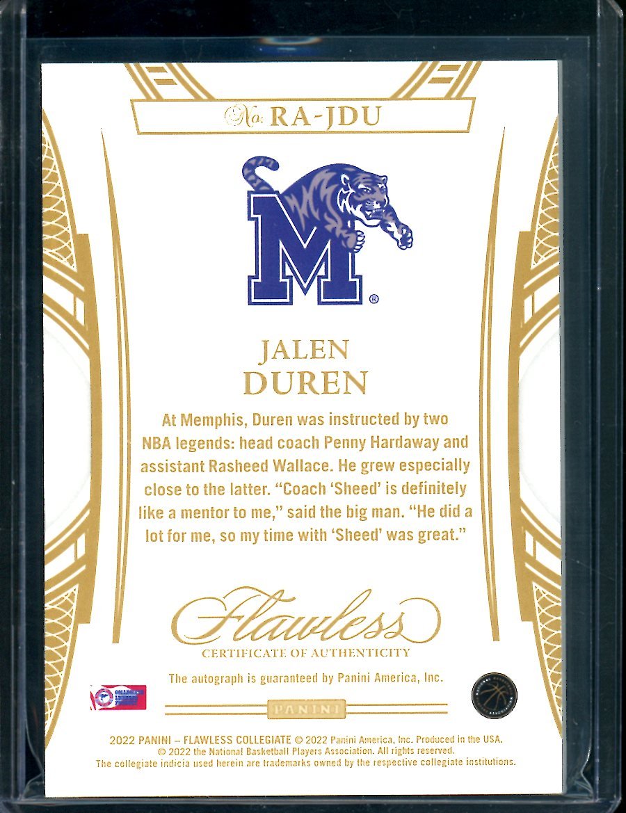 2022/23 Panini Flawless Collegitae Jalen Duren Rookie Auto /25 Pistons