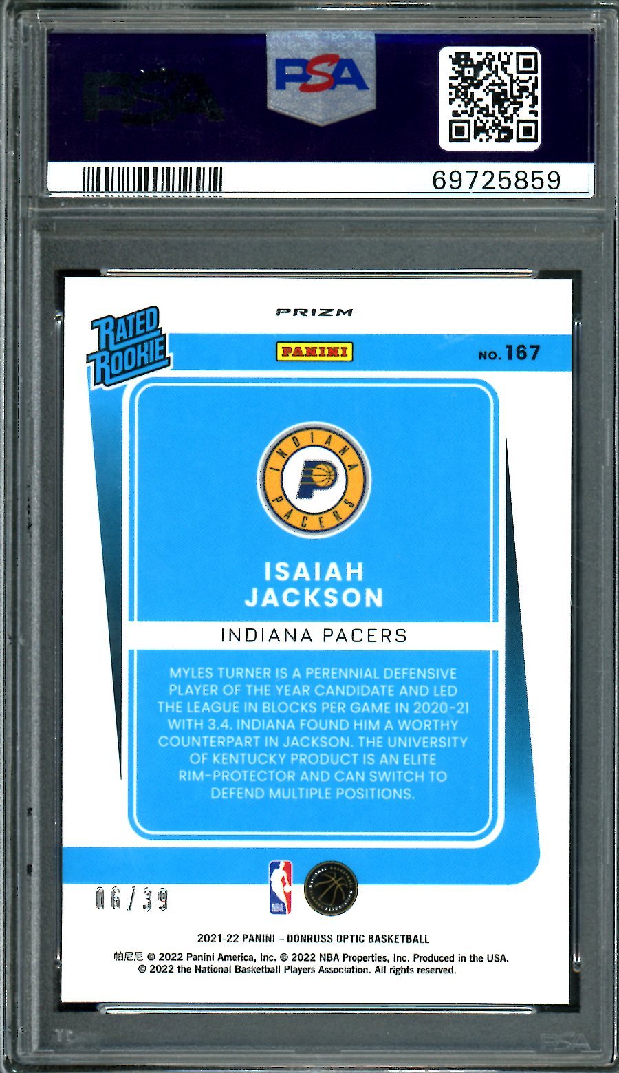 2021/22 Panini Optic Isaiah Jackson Rookie Black Velocity /39 PSA 7 Pacers