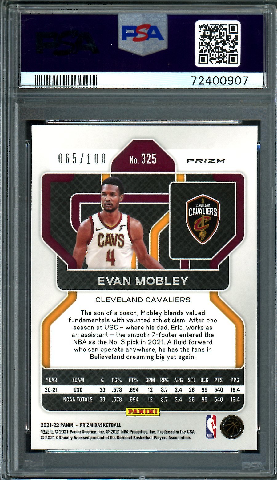 2021/22 Panini Prizm Evan Mobley Rookie Red Disco /100 PSA 8 Cavaliers