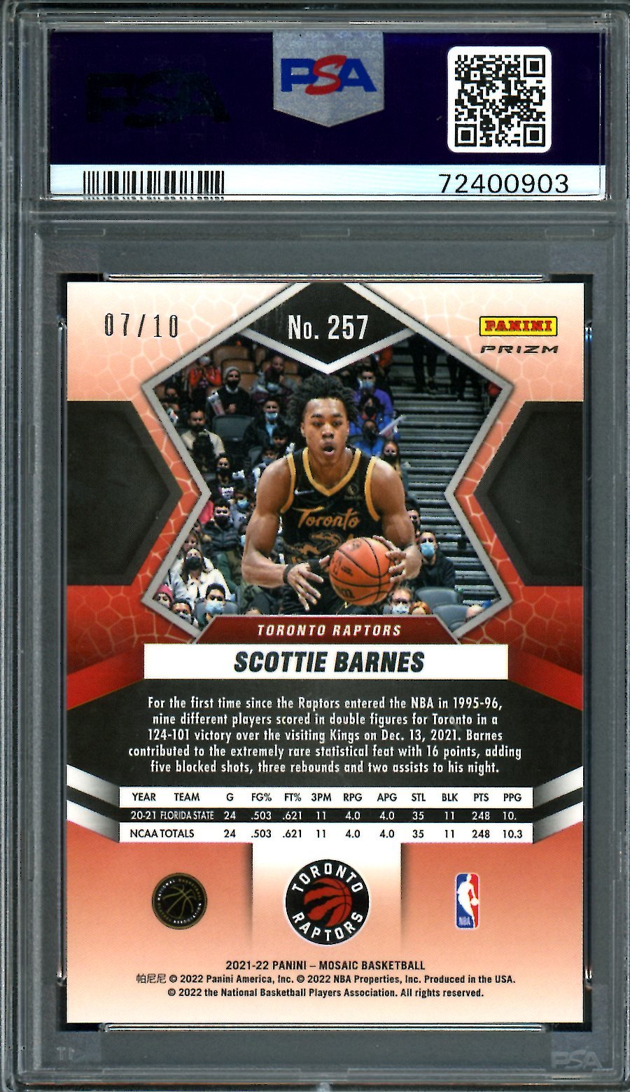 2021/22 Panini Mosaic Scottie Barnes Rookie National Pride Green Swirl /10 PSA 9 Raptors