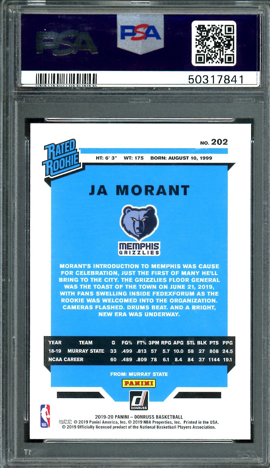 2019/20 Panini Donruss Ja Morant Rookie Green Flood PSA 9 Grizzlies