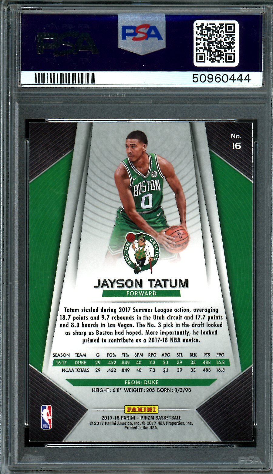2017/18 Panini Prizm Jayson Tatum Rookie PSA 10 Celtics