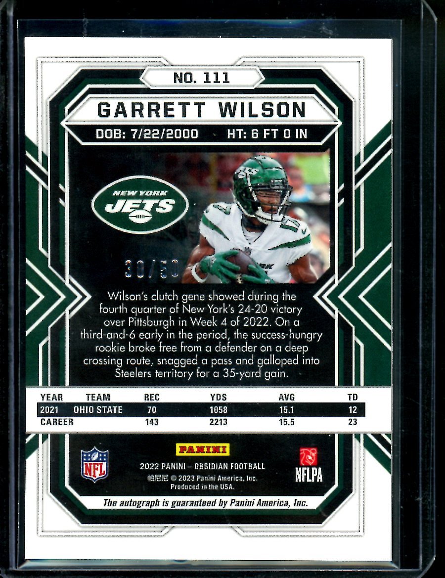 2022 Panini Obsidian Garrett Wilson Rookie Auto Green Etch /50 Jets