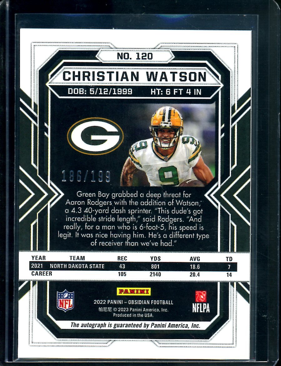 2022 Panini Obsidian Christian Watson Rookie Auto /199 Packers