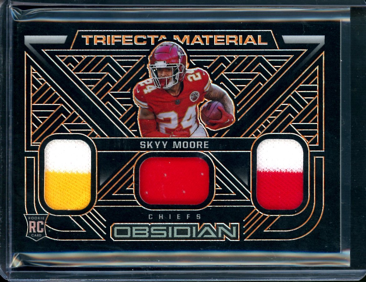 2022 Panini Obsidian Skyy Moore Rookie Triple Patch Orange Etch /75 Chiefs