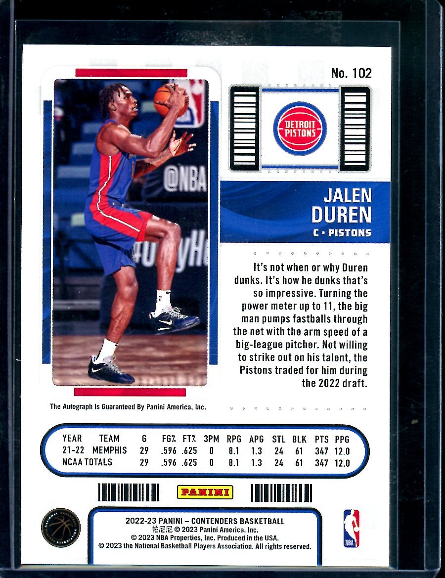 2022/23 Panini Contenders Jalen Duren Rookie Playoff Ticket Auto /99 Pistons