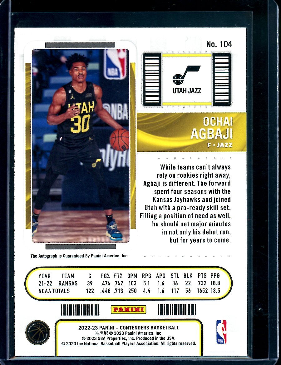 2022/23 Panini Contenders Ochai Agbaji Rookie Ticket Auto Jazz