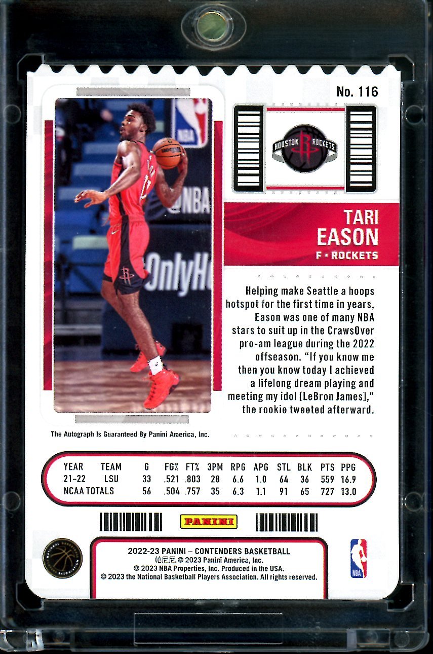 2022/23 Panini Contenders Tari Eason Rookie Ticket Stub Auto /17 Rockets