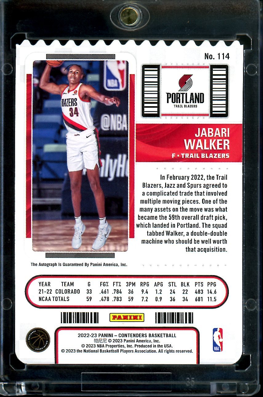 2022/23 Panini Contenders Jabari Walker Rookie Ticket Stub Auto /34 Trailblazers