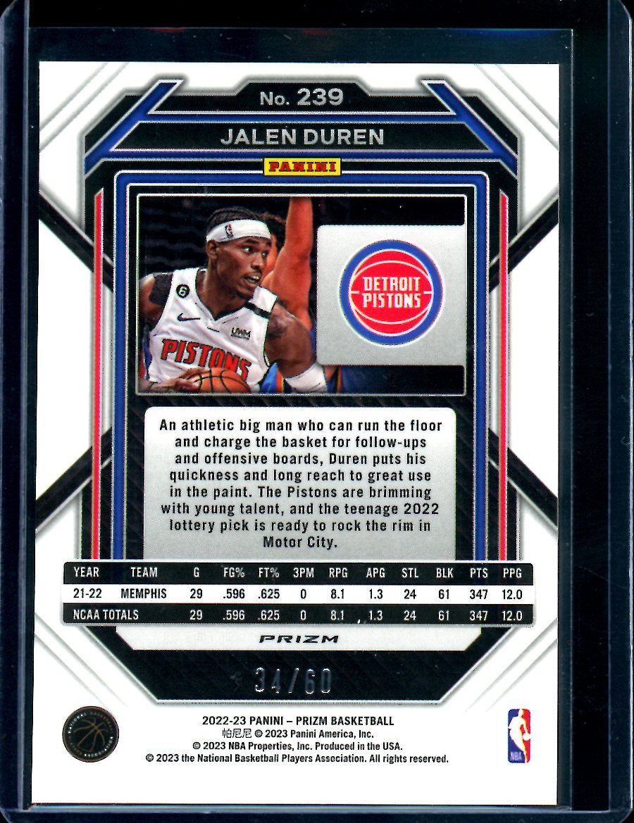 2022/23 Panini Prizm Jalen Duren Rookie Orange Wave /60 Pistons