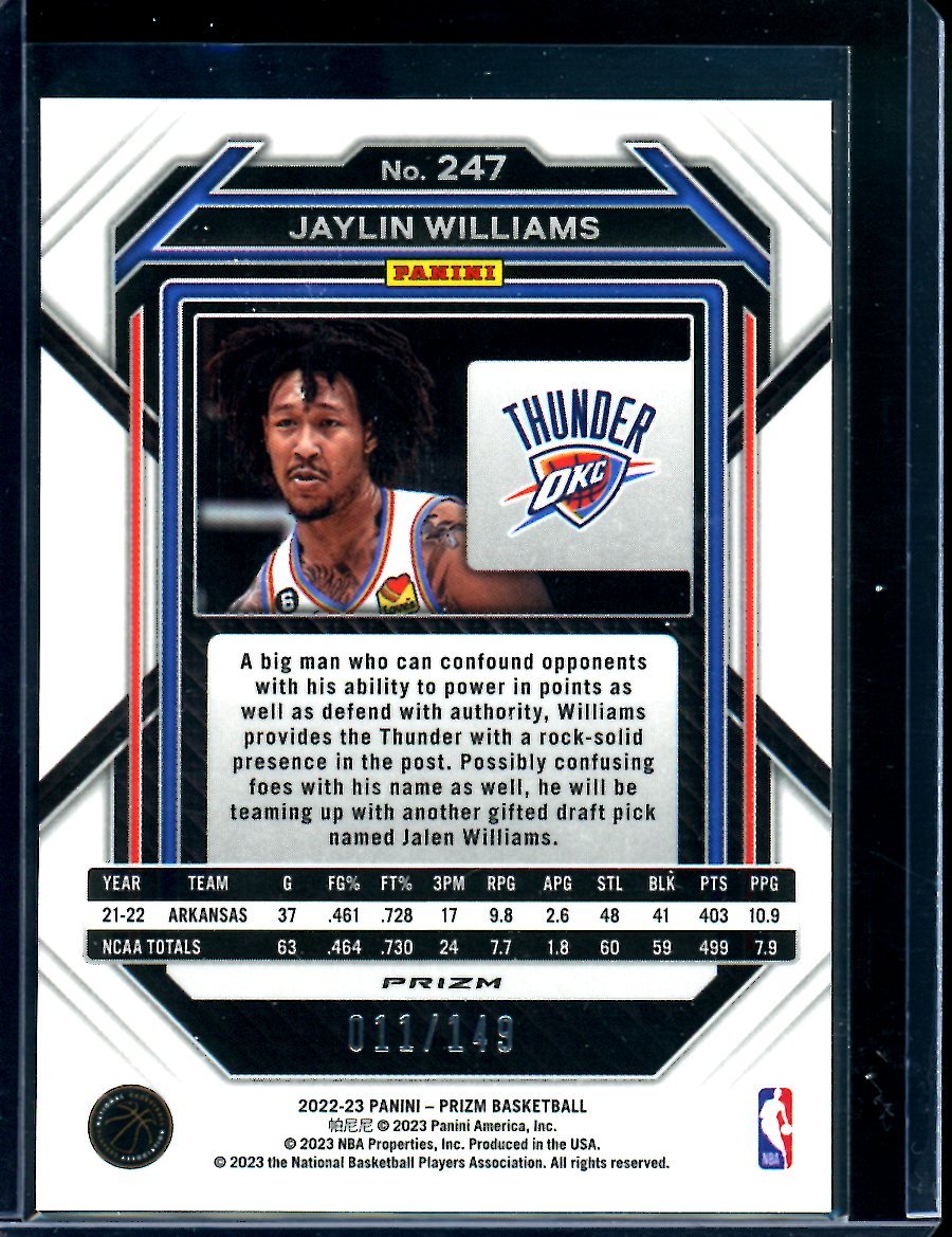 2022/23 Panini Prizm Jaylin Williams Rookie Purple Ice /149 Thunder