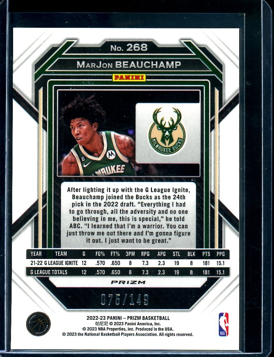 2022/23 Panini Prizm MarJon Beauchamp Rookie Purple Ice /149 Bucks