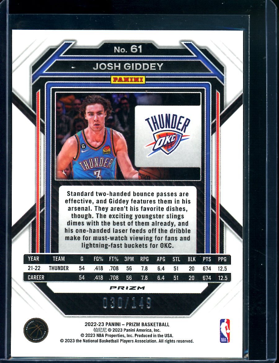 2022/23 Panini Prizm Josh Giddey Purple Ice /149 Thunder