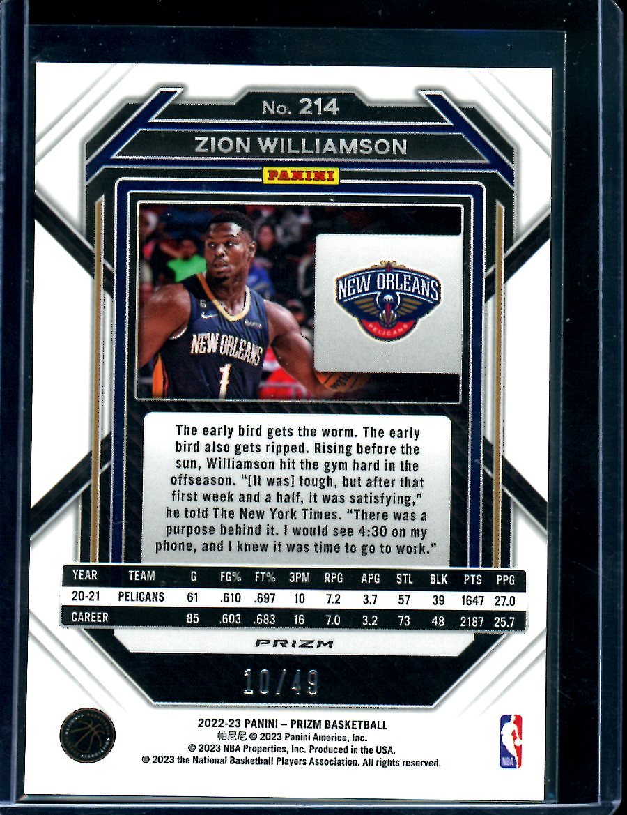 2022/23 Panini Prizm Zion Williamson Orange /49 Pelicans