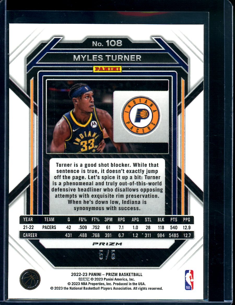 2022/23 Panini Prizm Myles Turner Black Gold /5 Pacers