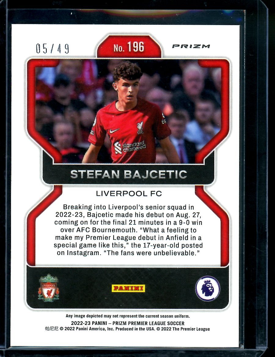 2022/23 Panini Prizm EPL Stefan Bajetic Rookie Purple /49 Liverpool FC