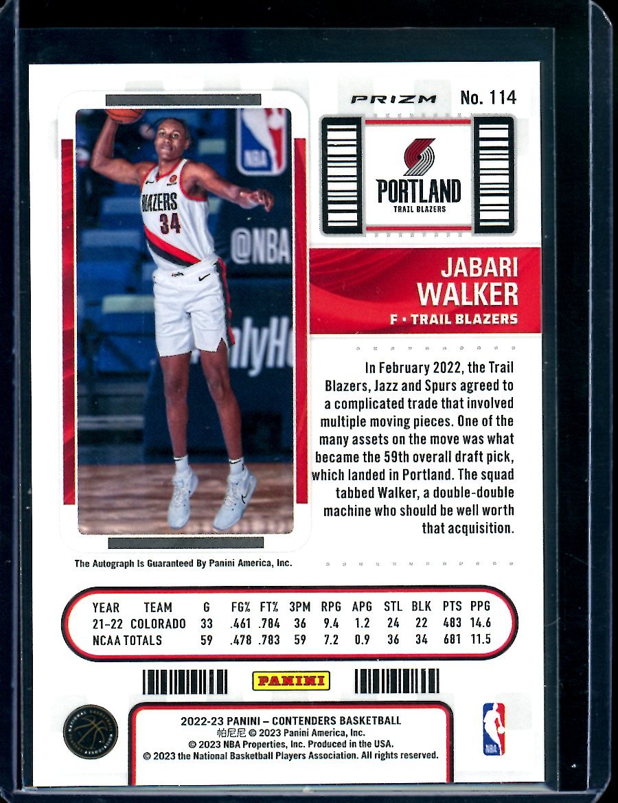 2022/23 Panini Contenders Jabari Walker Rookie Ticket Chrome Variation Auto Trailblazers