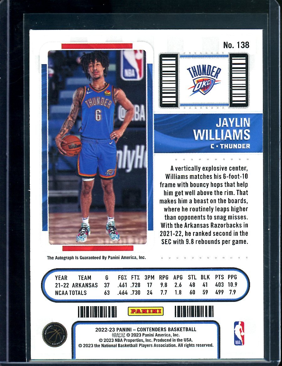 2022/23 Panini Contenders Jaylin Williams Rookie Ticket Auto Thunder