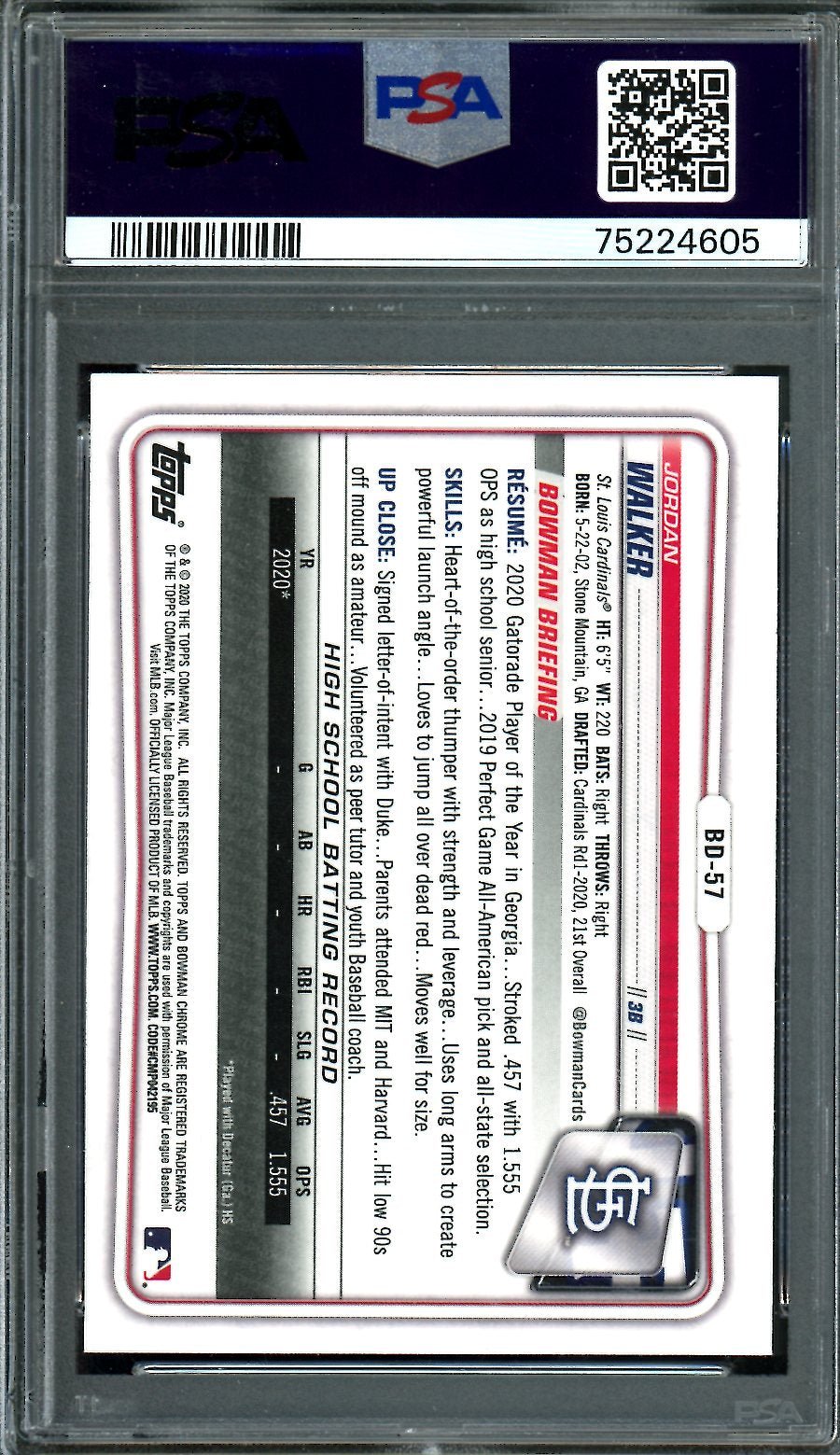 2020 Bowman Draft Jordan Walker 1st Bowman Chrome PSA 9 Cardinals