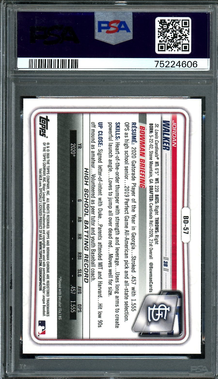 2020 Bowman Draft Jordan Walker 1st Bowman Chrome PSA 10 Cardinals
