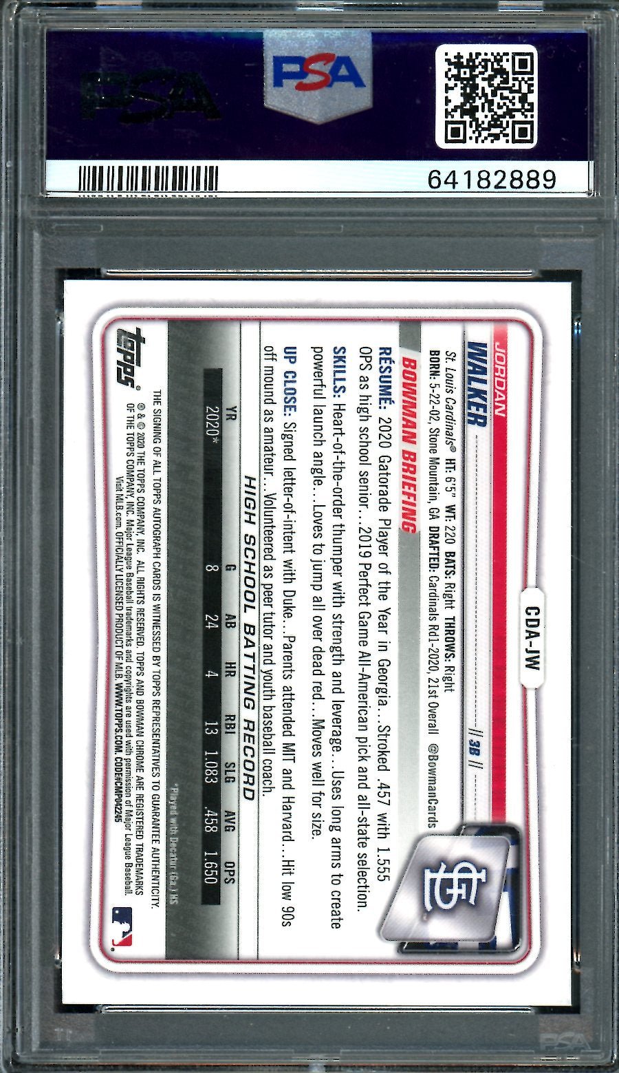 2020 Bowman Draft Jordan Walker 1st Bowman Auto PSA 10 Cardinals