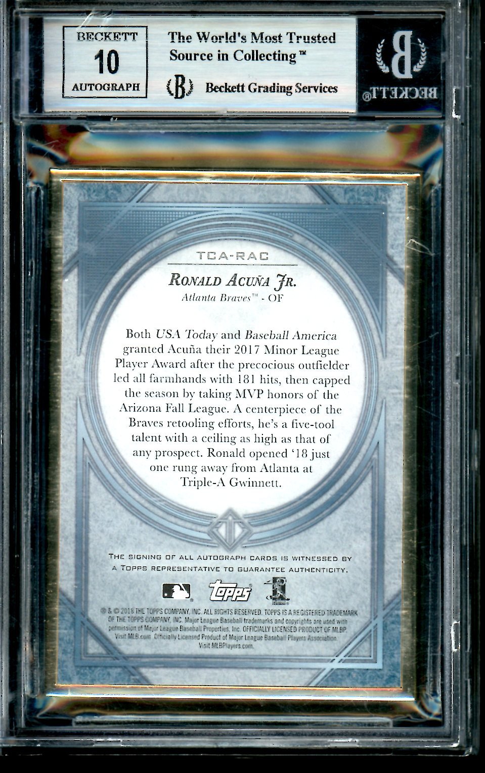 2018 Topps Transcendent Ronald Acuna Jr. Rookie Auto /15 BGS 9 Braves
