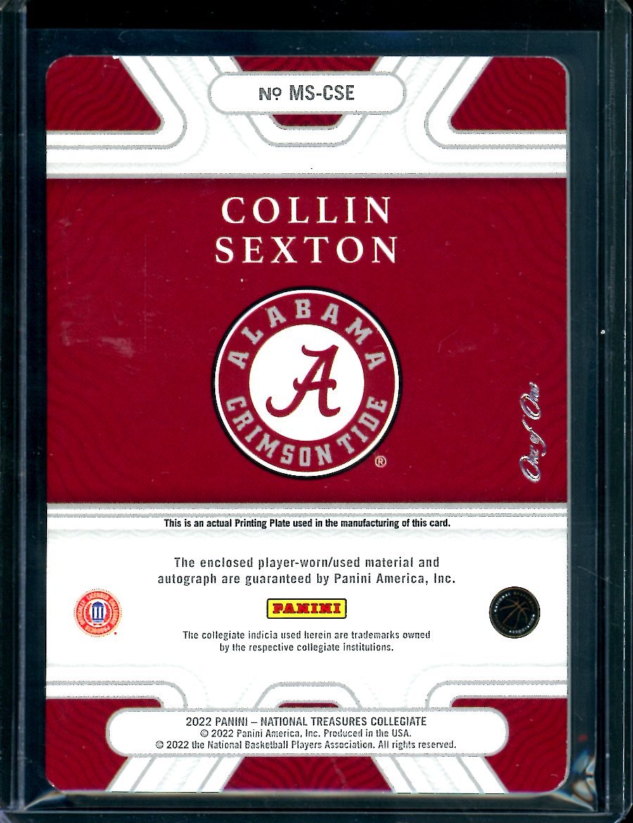 2022/23 Panini National Treasures Collegiate Collin Sexton 1/1 Printing Plate Patch Auto Jazz