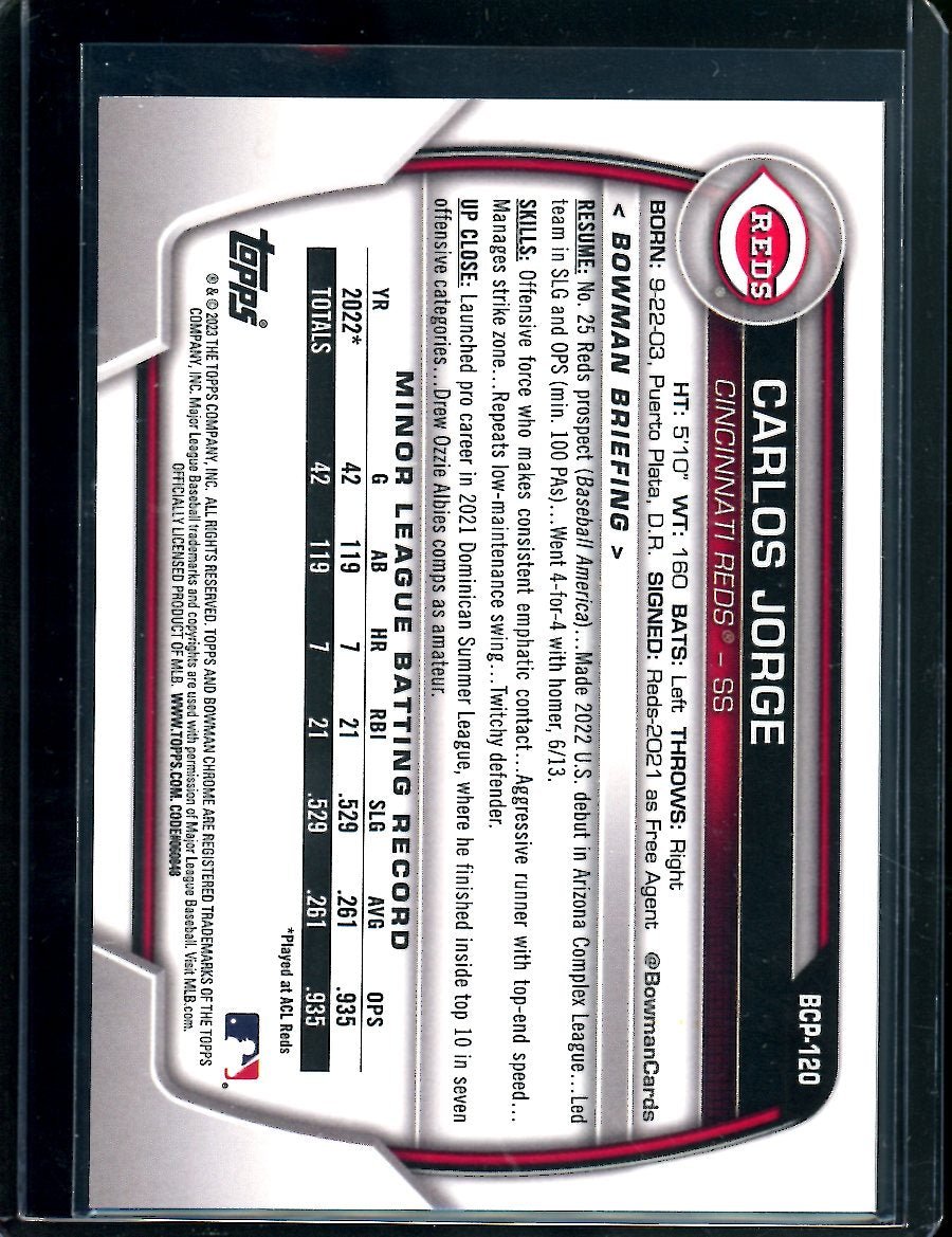 2023 Bowman Sapphire Carlos Jorge 1st Bowman Orange /50 Reds