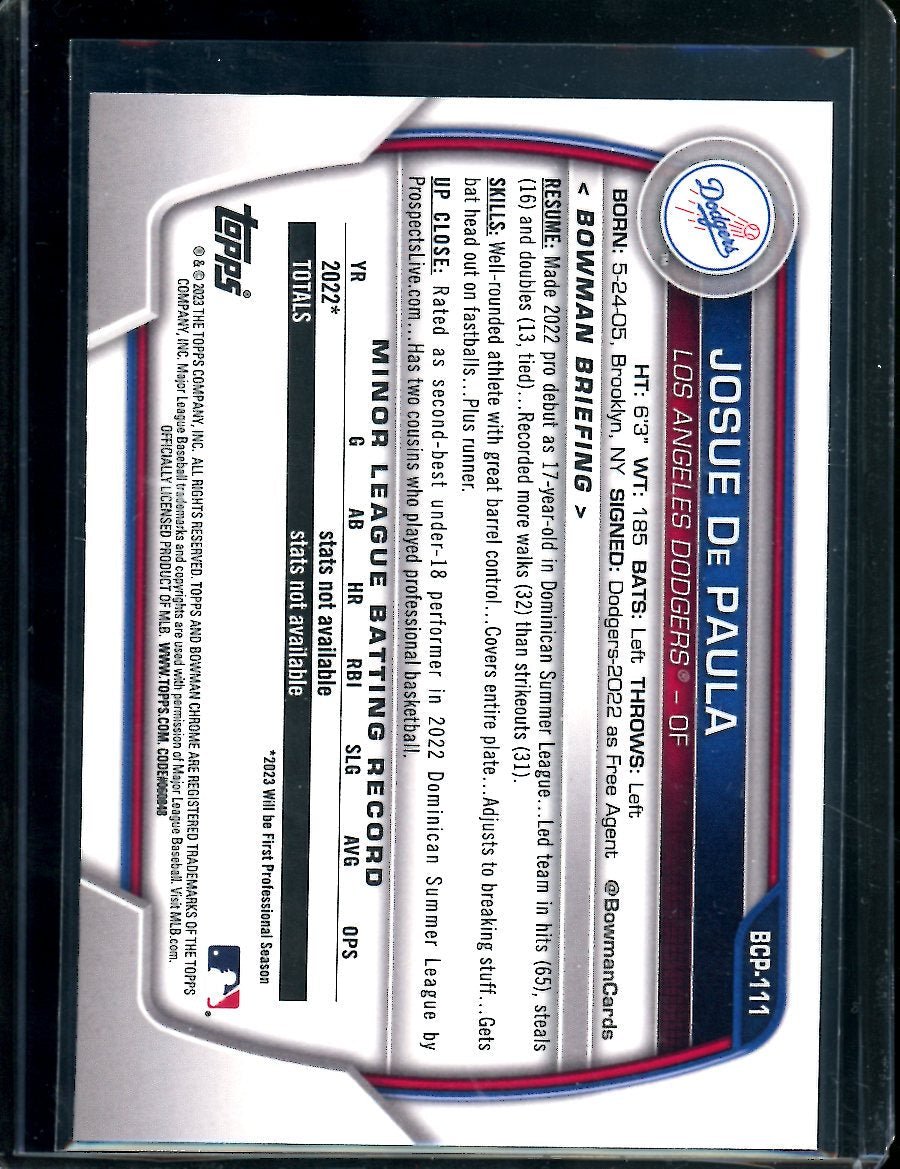 2023 Bowman Sapphire Josue De Paula 1st Bowman Sapphire Dodgers