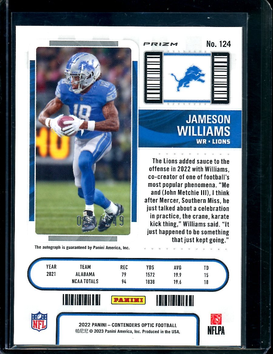 2022 Panini Contenders Optic Jameson Williams Rookie Auto Red /149 Lions